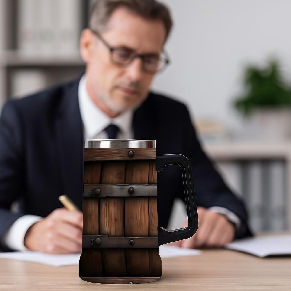 1pc 24oz Barrel Texture Stainless Steel Beer Mug With Big Handle, Vintage Rustic Wood Barrel Print Double Wall Insulated Travel Coffee Beer Cup, Leakproof Large Capacity Water Tumbler For Bar Pub Camping, Retro Western Gift For Men Beer Lovers