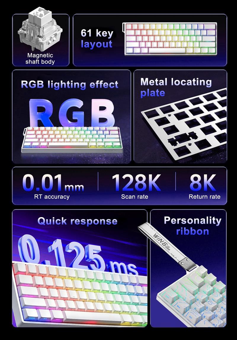 AULA Win60 HE wired game keyboard, 60% arrangement, 61-key portable mini layout, cool RGB lighting effect, sensitive magnetic axis, high-performance chip, compatible with Windows/AMC system, suitable for e-sports office, Gaming Keyboard, Backlit Keyboard