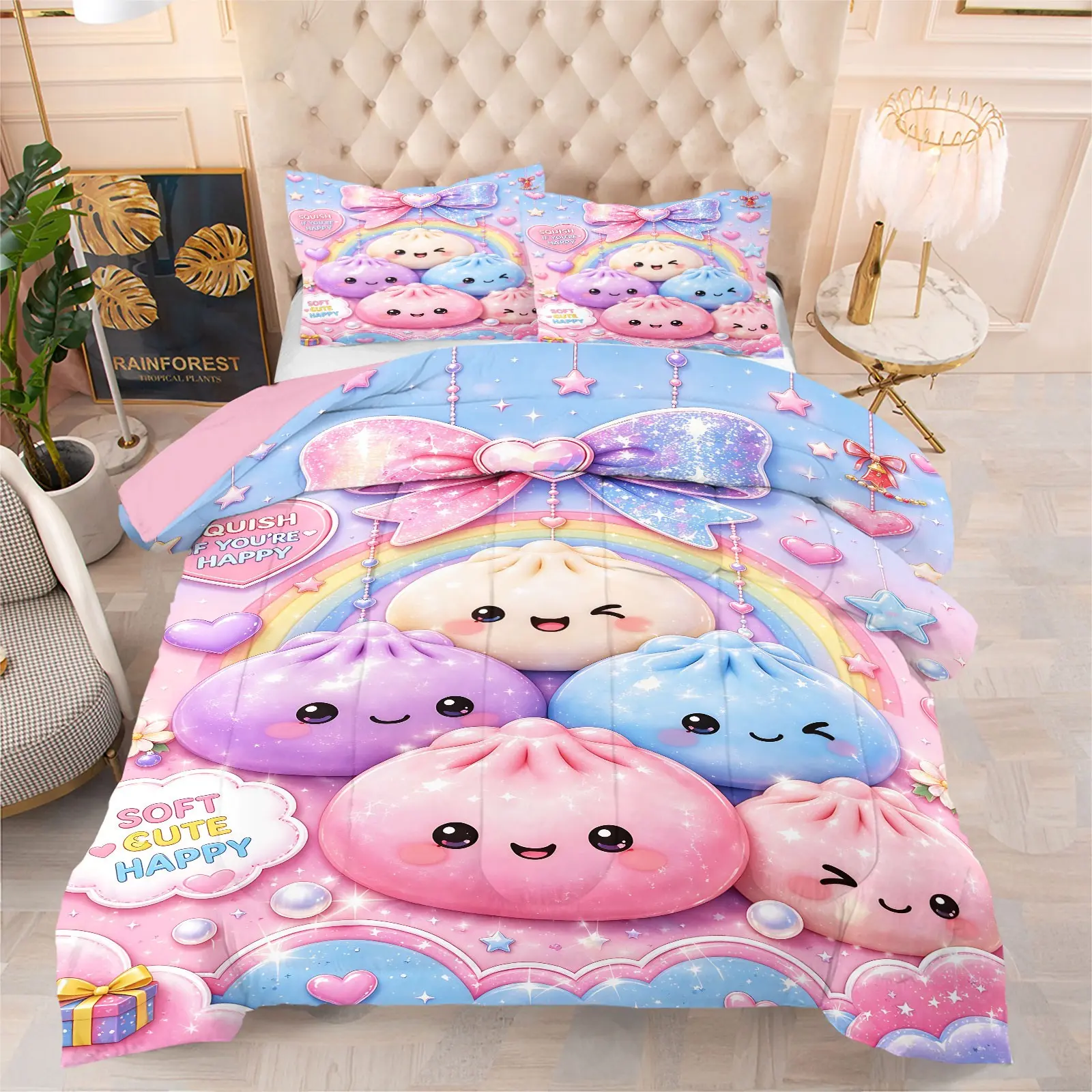 3PCS Kawaii Colorful Dumpling Rainbow Bow Print Comforter Set (1 Quilt + 2 Coreless Pillowcases), Soft Comfy Durable Washable, All Season Microfiber Fabric, Sweet Pastel Cartoon Pattern Bedding Decor for Girls Bedroom & Youth Apartment