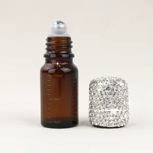 Diamond Essential Oil Roller Bottle, Amber Thick Glass Roll-On Bottle with Steel Ball, Portable Empty 10ML Travel Perfume Bottle