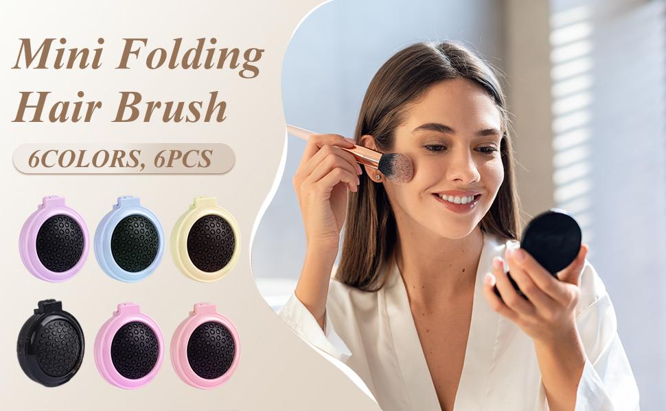 6 Pcs Mini Hair Brush, Compact Travel Hair Brush, Portable Travel Brushes for Hair with Makeup Mirror, Round Hair Massage Comb for Women Girls, 6 Colors