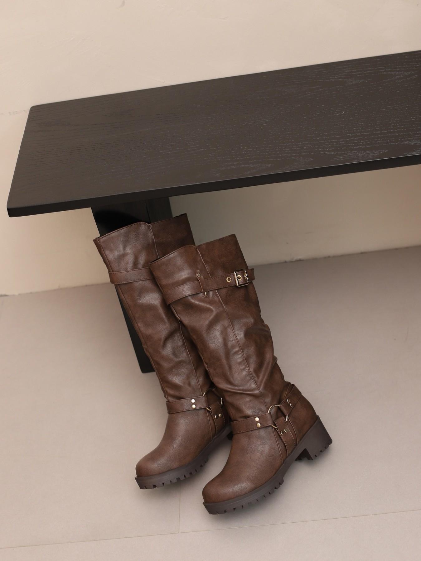 Autumn Winter New Round Toe Thick Heel Zipper Pleated Buckle Mid-Calf Thick Heeled Pu Leather Boots, Versatile British Style Outdoor Motorcycle Boots, Trendy Boots, Fashionable Boots