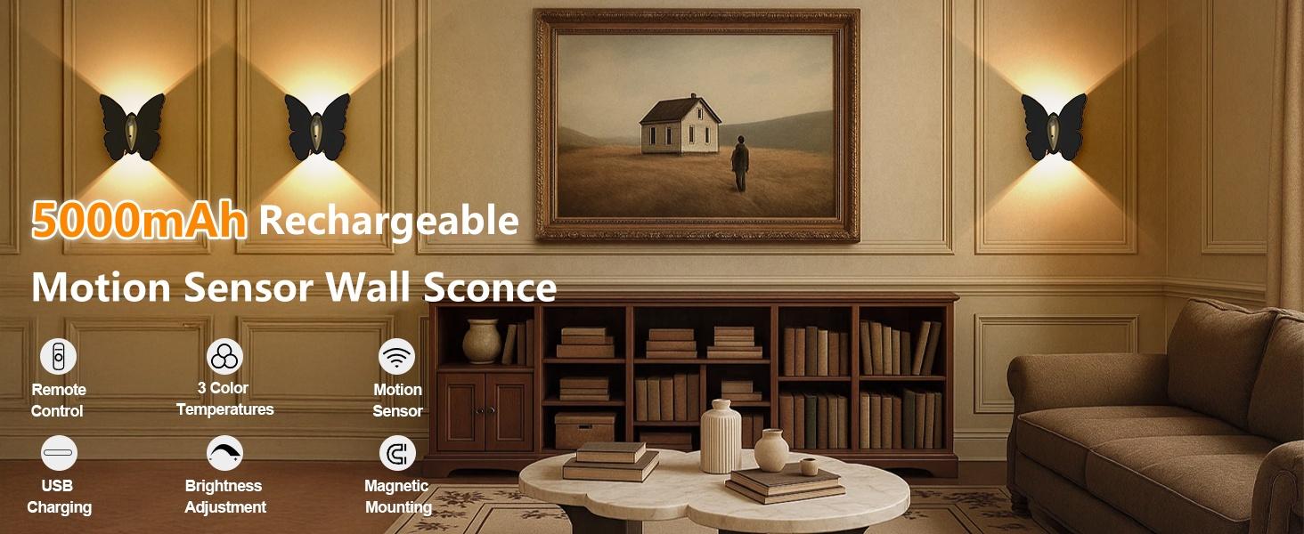 Spring Sales 2 Pack Smart Montion Sensor Butterfly wall Lights W/ Remote Control Rechargeable 5000mAh Battery USB-C Charging 3 Color Temperatures for Bedroom Living Room