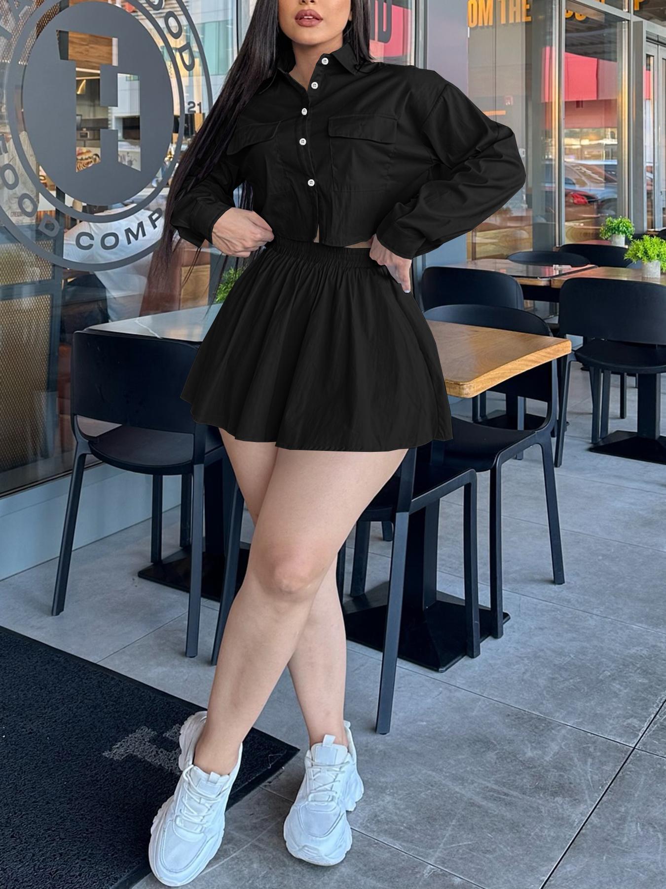 Two-piece Set Women's Solid Button Front Fitted Crop Shirt & Elastic Waist Flared Skirt, Casual Drop Shoulder Long Sleeve Top & High Waist Skirt for Daily Wear, Ladies Two-piece Outfits for All Seasons, Birthday Dresses 2024