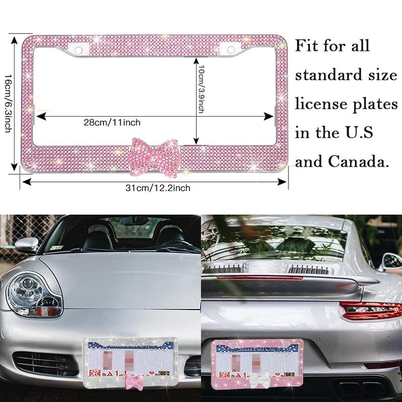 2pcs Sparkling Frames For Women - High-quality Stainless Steel Raine Stone Labels Covered With Handcrafted Crystal Diamonds And Gift Bows, Sparkling Car Parts For Girls Personalized Car Plate