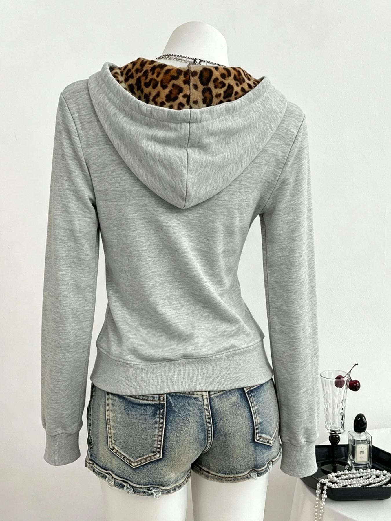 Women's Gray Zip Up Hoodie, Sweatshirts, Slim Waist Long Sleeve Jacket With Leopard Print Lining And Pockets, Y2K Street Style, Ideal For Daily And Hip Hop Outfits