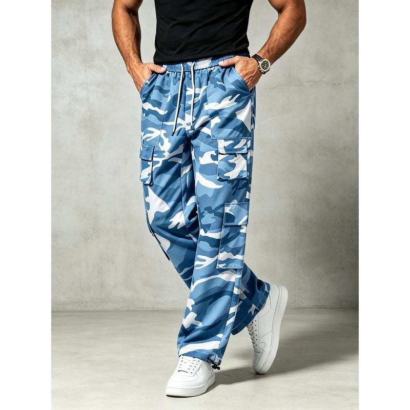 Men's Casual Loose-Fit Polyester Quick-Dry Tactical Sports Work Pants - Male Clothing, Elastic Waist Drawstring, Multifunctional Side Pockets, Toggle Cuffs, Suitable for Urban & Outdoor Occasions