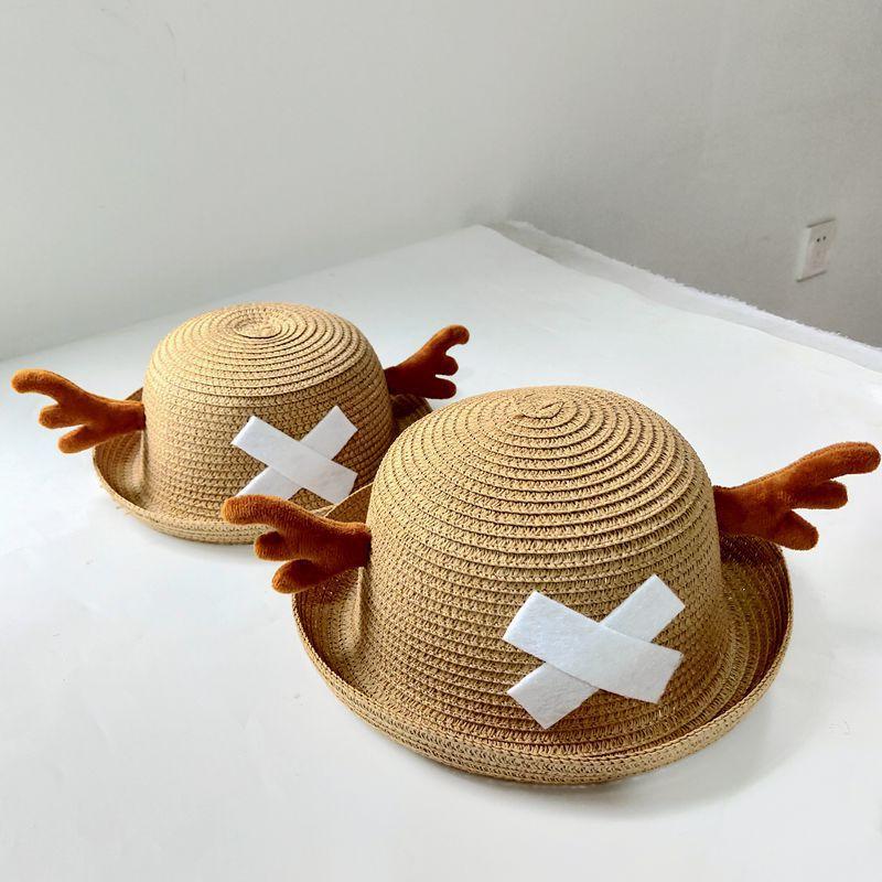New two-dimensional anime straw hat, One Piece cartoon hat, cosplay accessory with round top and antlers, summer sunshade, gift for friends party