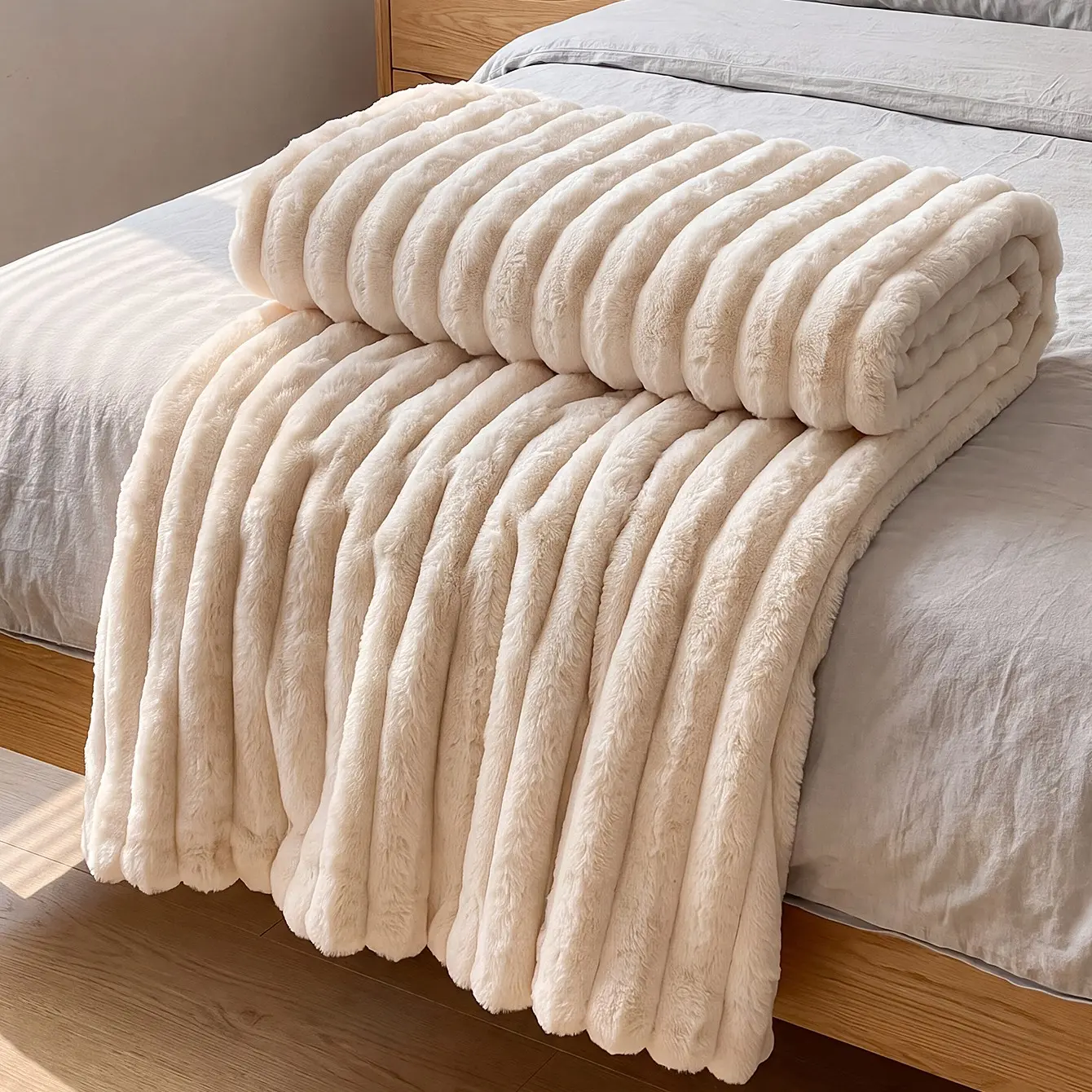 1pc Ribbed Faux Rabbit Fur Throw Blanket, Ultra Soft Fluffy Plush Blanket for Couch & Bed, Thick Cozy Winter Cover for Sofa, Bedroom, Living Room & Dorm, Machine Washable, Multiple Sizes & Colors, Warm Office Nap Blanket, Travel & Christmas Gift