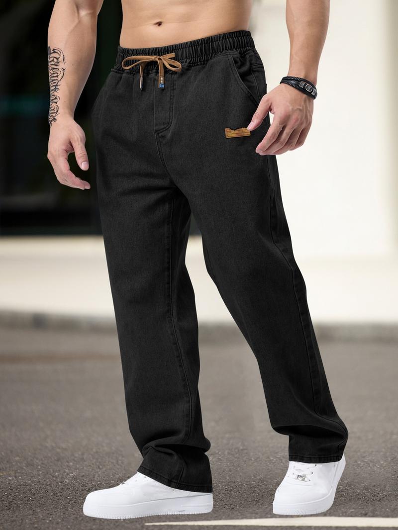 Men's drawstring elastic waist washed and distressed loose straight-leg jeans, non-stretchy denim pants, comfortable and loose fit, suitable for daily casual wear, urban gatherings, and weekend fashion looks. A must-have trendy men's pants 🔥