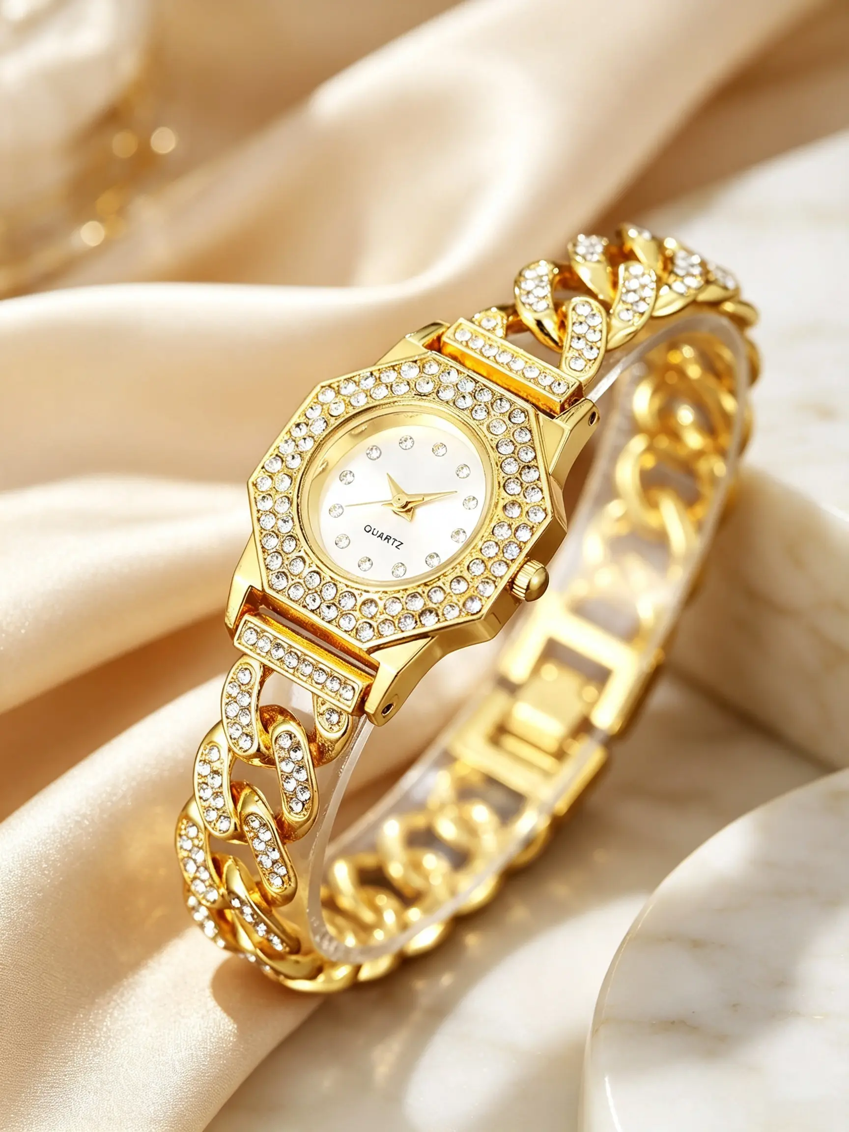 Elegant Women's Watch, Full Diamond Octagon Design, Cuban Chain, Quartz Movement, Perfect Gift for All Occasions