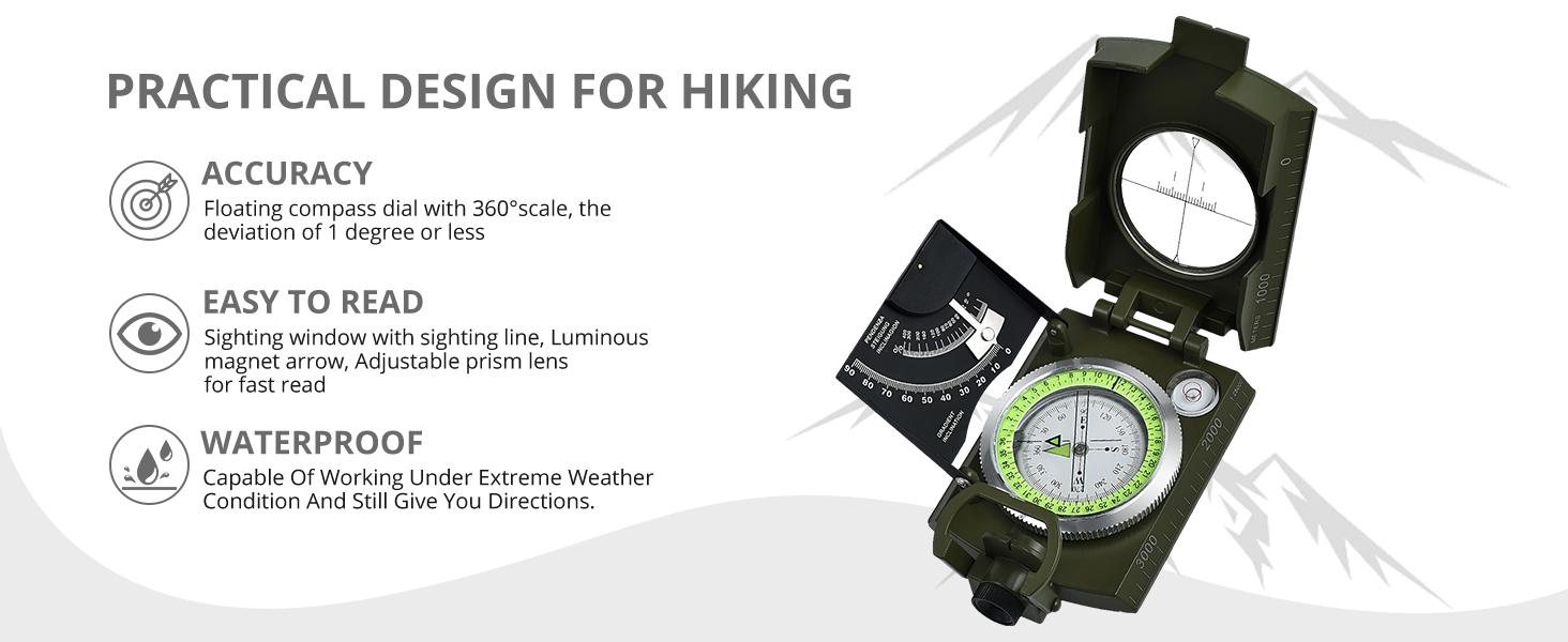 Proster Lensatic Sighting Compass IP65 Waterproof with Clinometer Bag | Waterproof Shockproof Built-in Clinometer Luminous Dial Arrow Metal Foldable Lid For Camping Hiking Hunting Geology