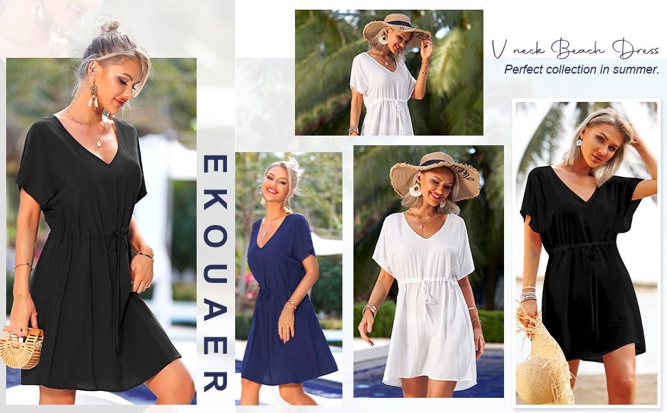 Womens Swimsuit Coverup Short Sleeve Beach Cover Up Dress V Neck Bikini Beachwear
