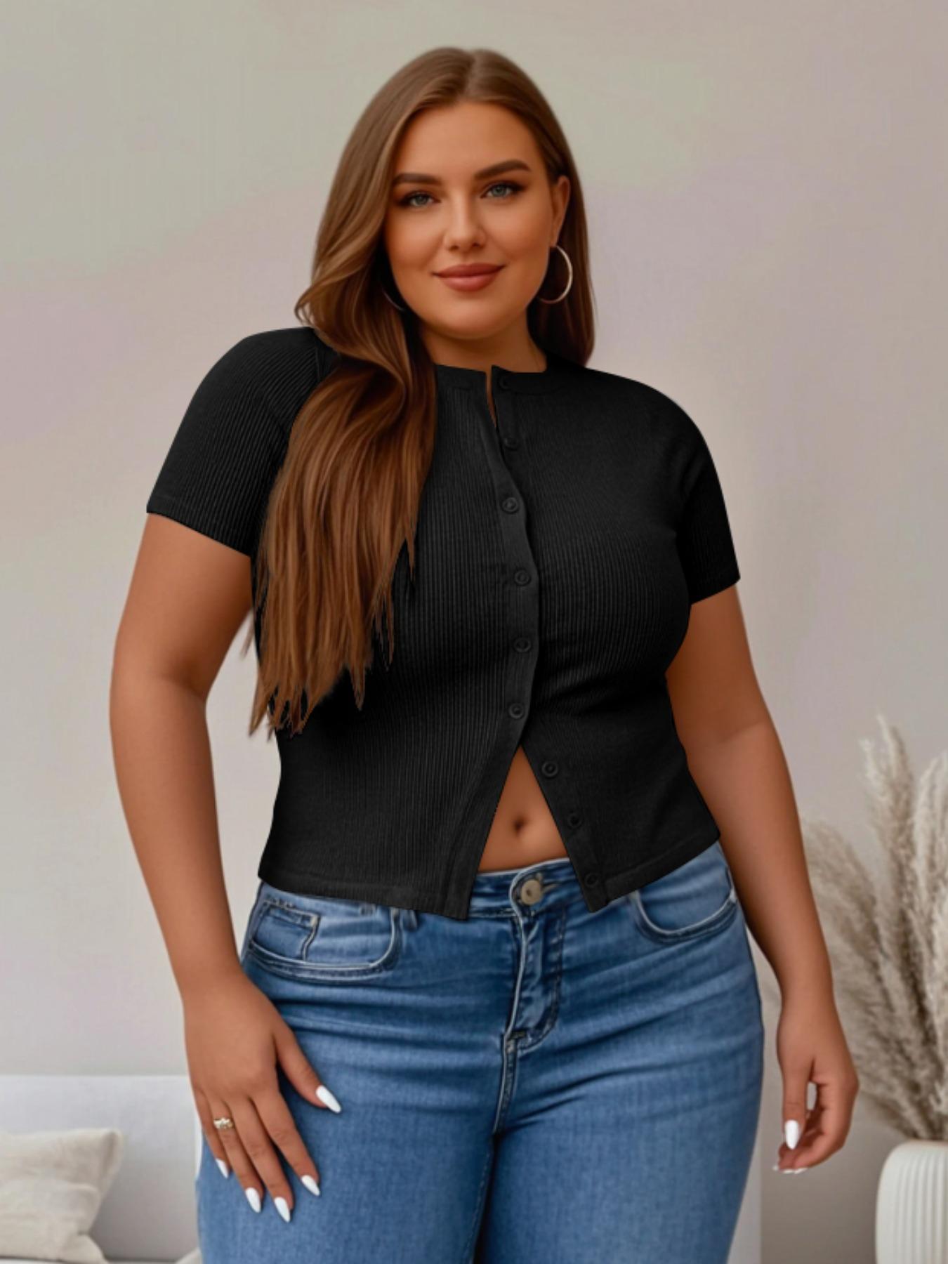 【Plus Size】 Solid Ribbed Short Sleeve Top, Casual Button Front Top for Summer, Women's Plus Clothing for Daily Wear 【Plus Size】 Solid Ribbed Short Sleeve Top, Casual Button Front Top for Summer, Women's Plus Clothing for Daily Wear