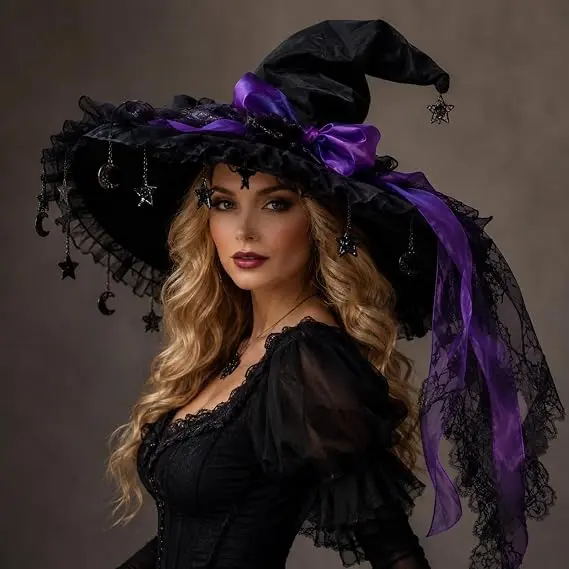 Women's Gothic Lolita Black Velvet Witch Hat Accessory - Polyester-Nylon Fabric, Dark Green Bow, Long Ribbon, Star Moon Pendant, Halloween Costume Goth Accessories