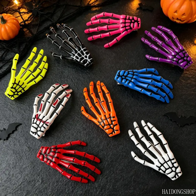 Viral Spooky Gothic Halloween Harajuku Aesthetic Skeleton Ghost Hand Alligator Hair Clips For Women, Creepy Bone Side Bang Top Barrettes, Trendy Accessory For Costume Party Goth Street Holiday Outfit Styling