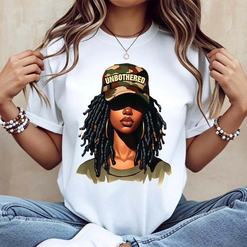 Women Casual T-Shirt White Unbothered Girl With Dreads And Camo Hat Graphic Print For Everyday Wear