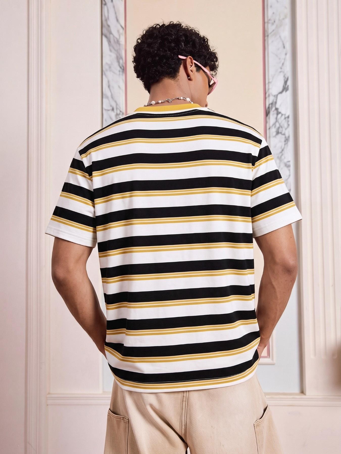 Men's Vintage Striped Short Sleeve T-Shirt, Casual Loose-Fitting Long Tee, Plain Surface Unlined Clothes, Batch Number 202604