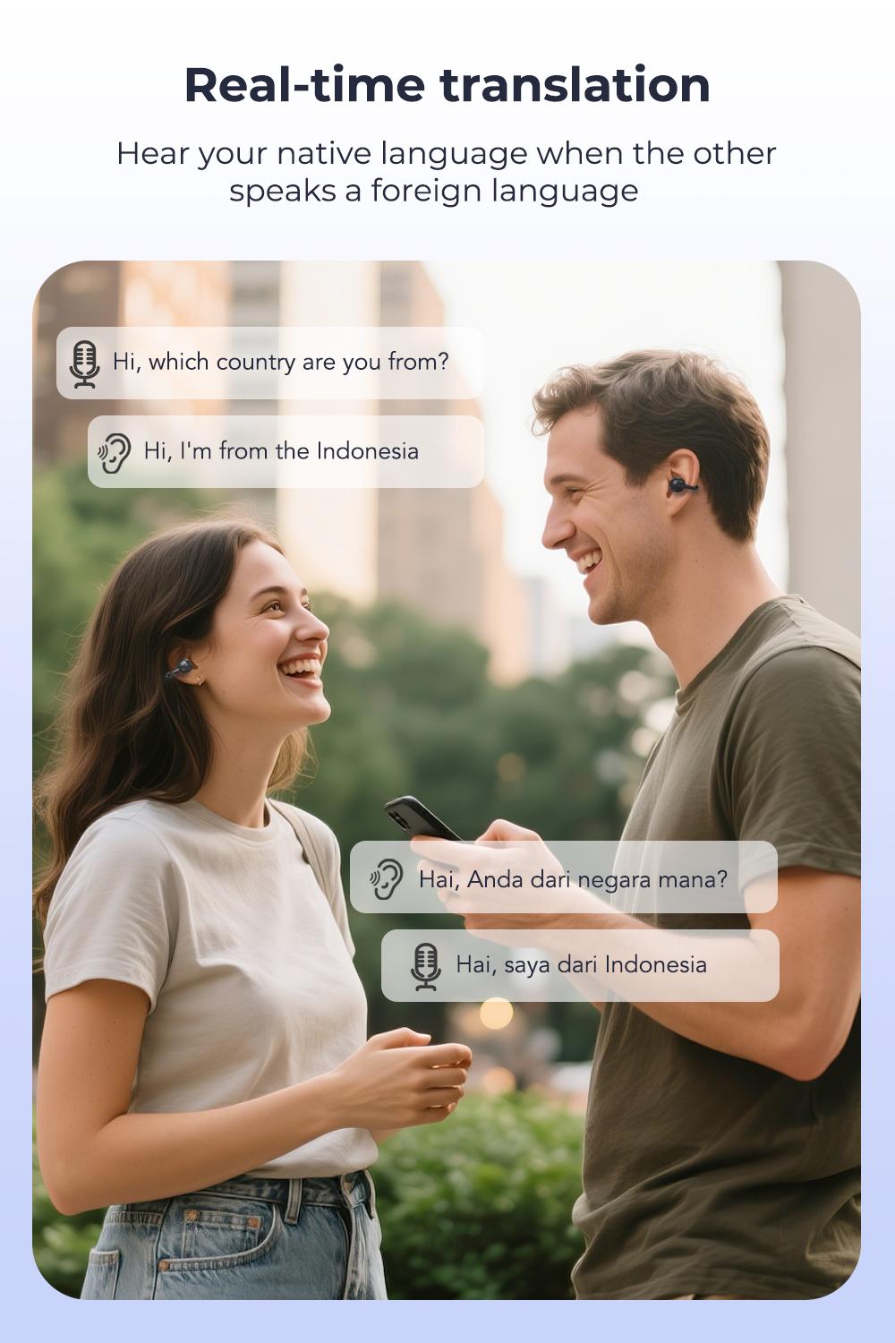 ERAZER XF50 AI Translation Earphones, Hi Fi Sound Quality, 134 Language Translations, Ultra Light Wear, IPX5 Anti Sweat, Waterproof, Stable and Durable Clip on Earphone Strap APP Suitable for Travel and Learning