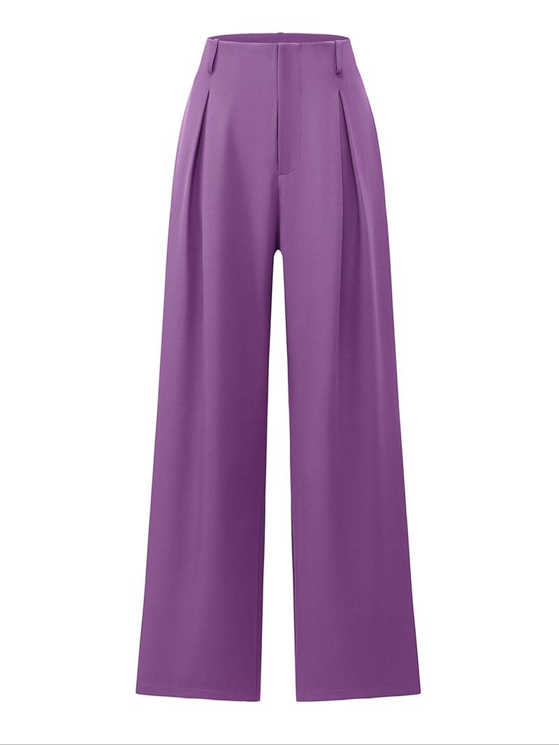 Women's Solid Color Plicated Pocket Wide Leg Pants, Elegant Zipper Fly Trousers for Work Office Business, Ladies Spring & Fall Clothes