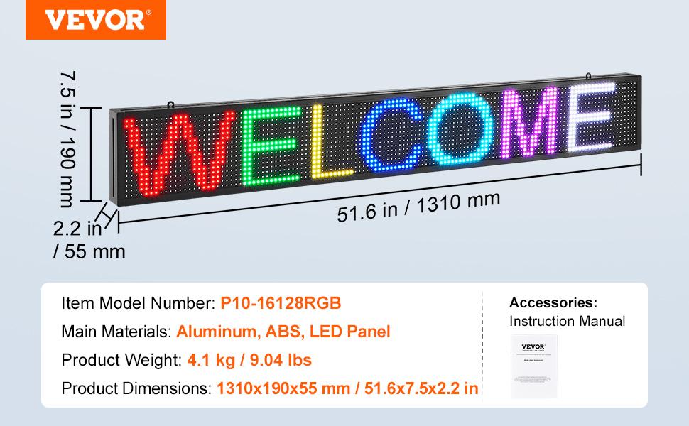 VEVOR LED Message Board, P10 Full Color Scrolling Display, Customizable Text and Animation via WIFI or USB, Ideal for Retail, Parties, and Bars, 52x8