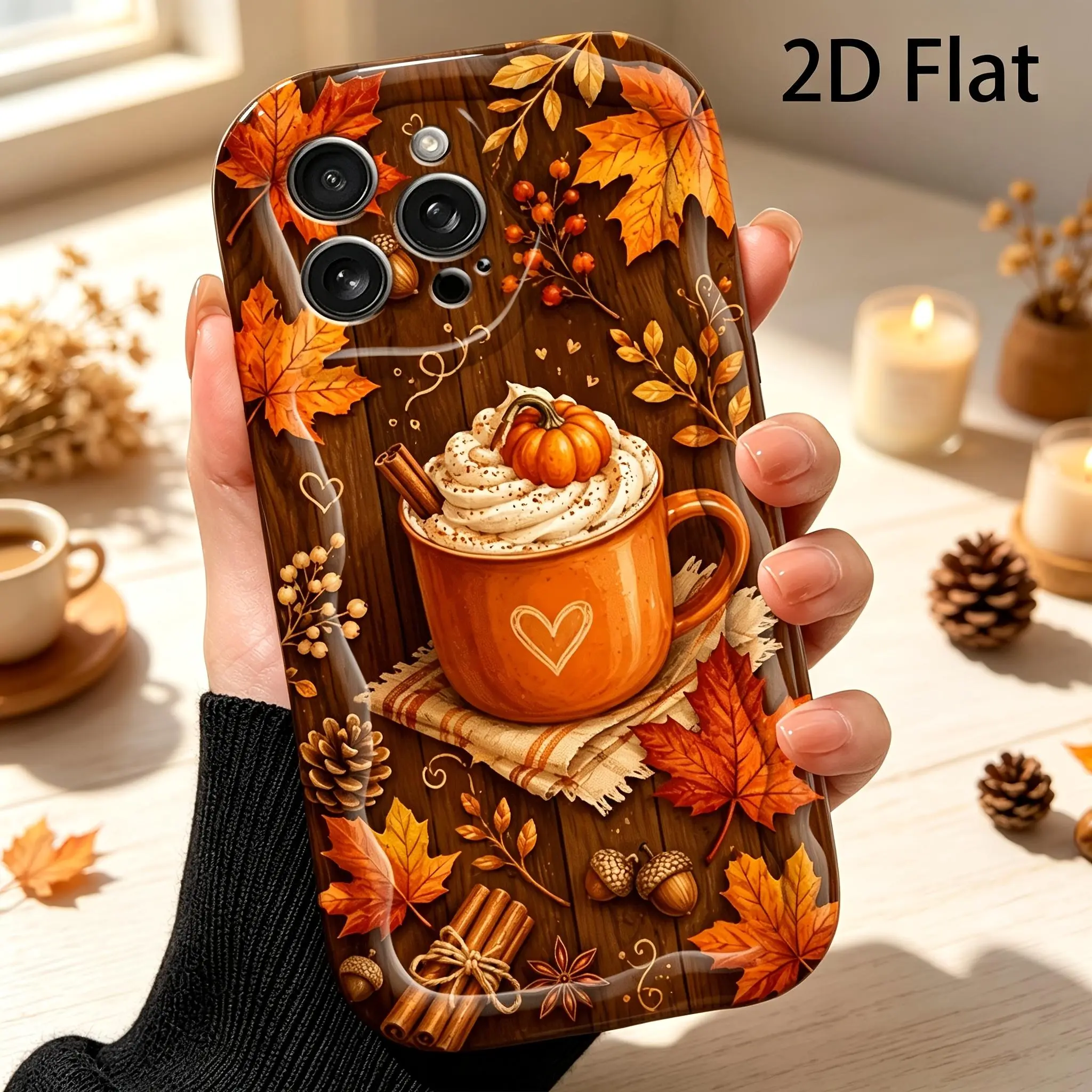 Phone Case -2D Flat Autumn Pumpkin Coffee Cup Maple Leaf Chestnut Cinnamon Printed Fashionable Shockproof Phone Case, TPU Material, Suitable for iPhone 17/16/15/14/13/12/11/Plus/Pro/ProMax/Air and Samsung, Birthday Gift, Festival Gift, Couple Phone Case