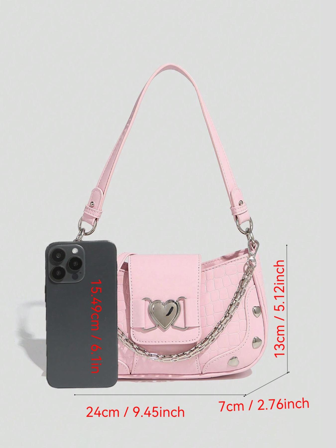 Women's Fashion Chain Decor Shoulder Bag, Heart Decorated Crocodile Textured Pu Leather Bag for Daily Used, Trendy All-match Underarm Bag, Cute Y2k Punk Style Hobo Dumpling Bag, Casual Zipper Purse, Chic Chain Crossbody