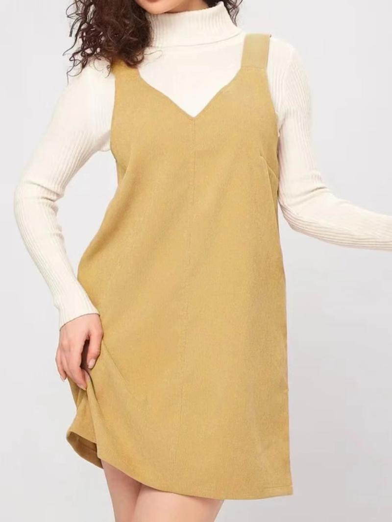 Women's Solid Color Corduroy Vest Dress without Sweater, Casual Sleeveless Straps Short Dress for Daily Wear, Ladies Clothes for All Seasons