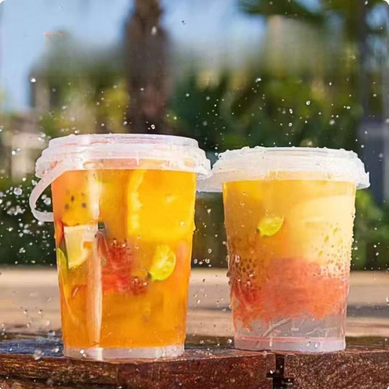 6-piece set of 500ml disposable plastic beverage containers with handles, lids, and straws; transparent fruit tea/bubble tea cups; suitable for takeout; food-grade PP portable juice containers; Plastic Clear Cups