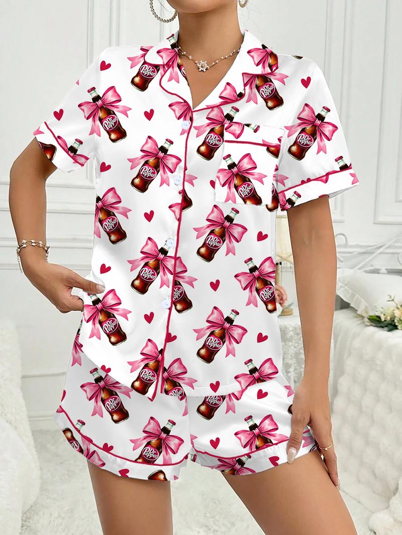 Women's Comfortable Cute Elastic Sleepwear Set, Spring Bow Tie Shirt and Pants Two-Piece, Short Sleeve Shorts, Party Wear