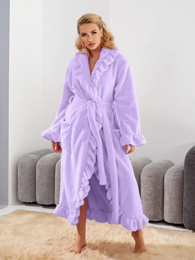 Women's Solid Color Flannel Bathrobe, Elegant Long Sleeve Wrap Robe, Women's Sleepwear for Fall & Winter, Nightgown, Casual Comfy Fluffy Pajamas, Soft Casual Pajamas