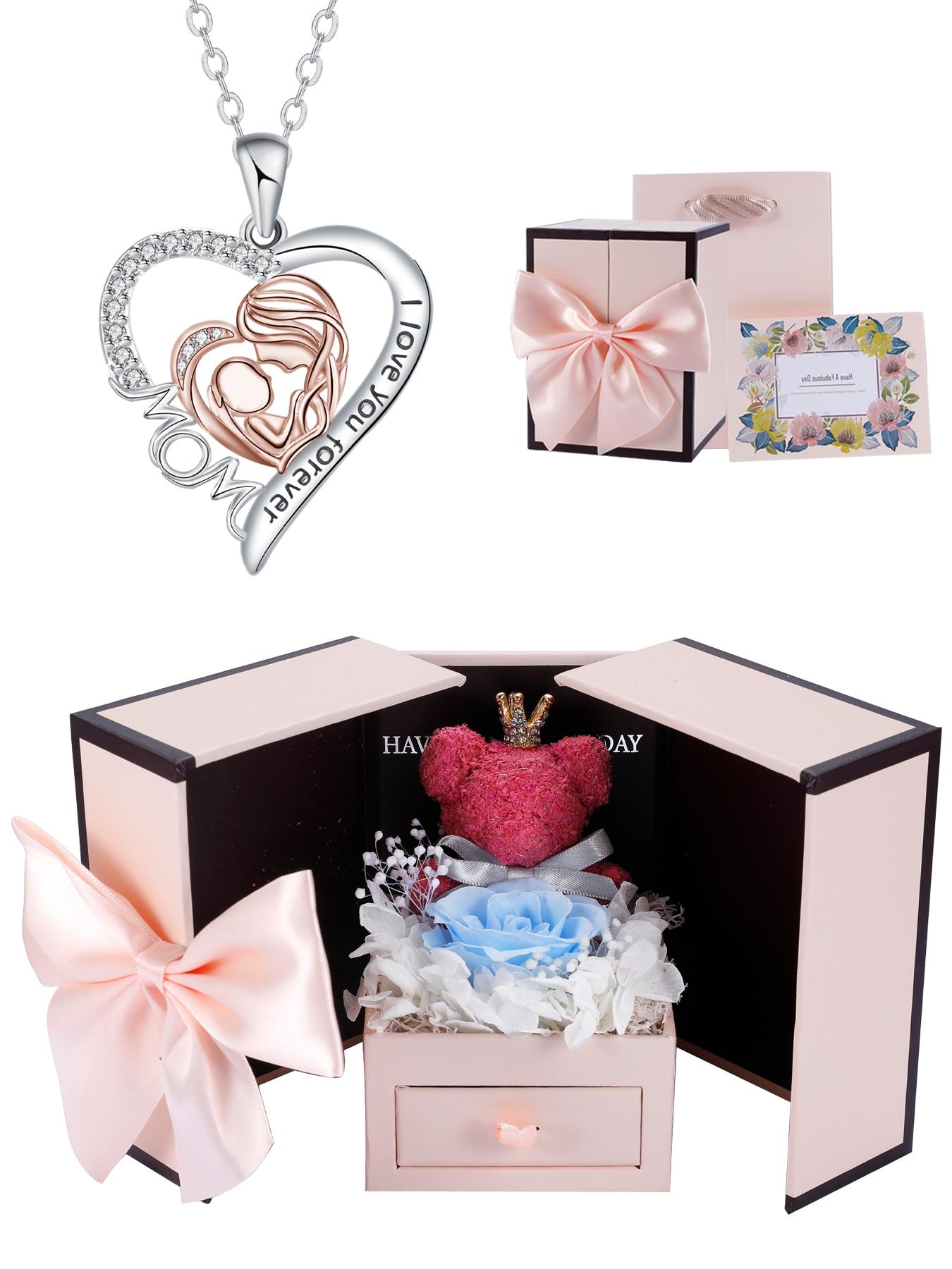Mommy & Me Love Heart Necklace Set with Moss Bear Rose Jewelry Box, Elegant Copper Pendant Necklaces, Perfect Gift for Mother's Day Birthday Christmas