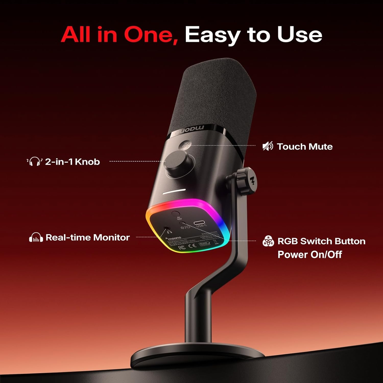 Wireless Gaming Microphone Dynamic USB Streaming Mic for PC Computer with 3 Level Noise Cancelling RGB Lighting Mute Button Software