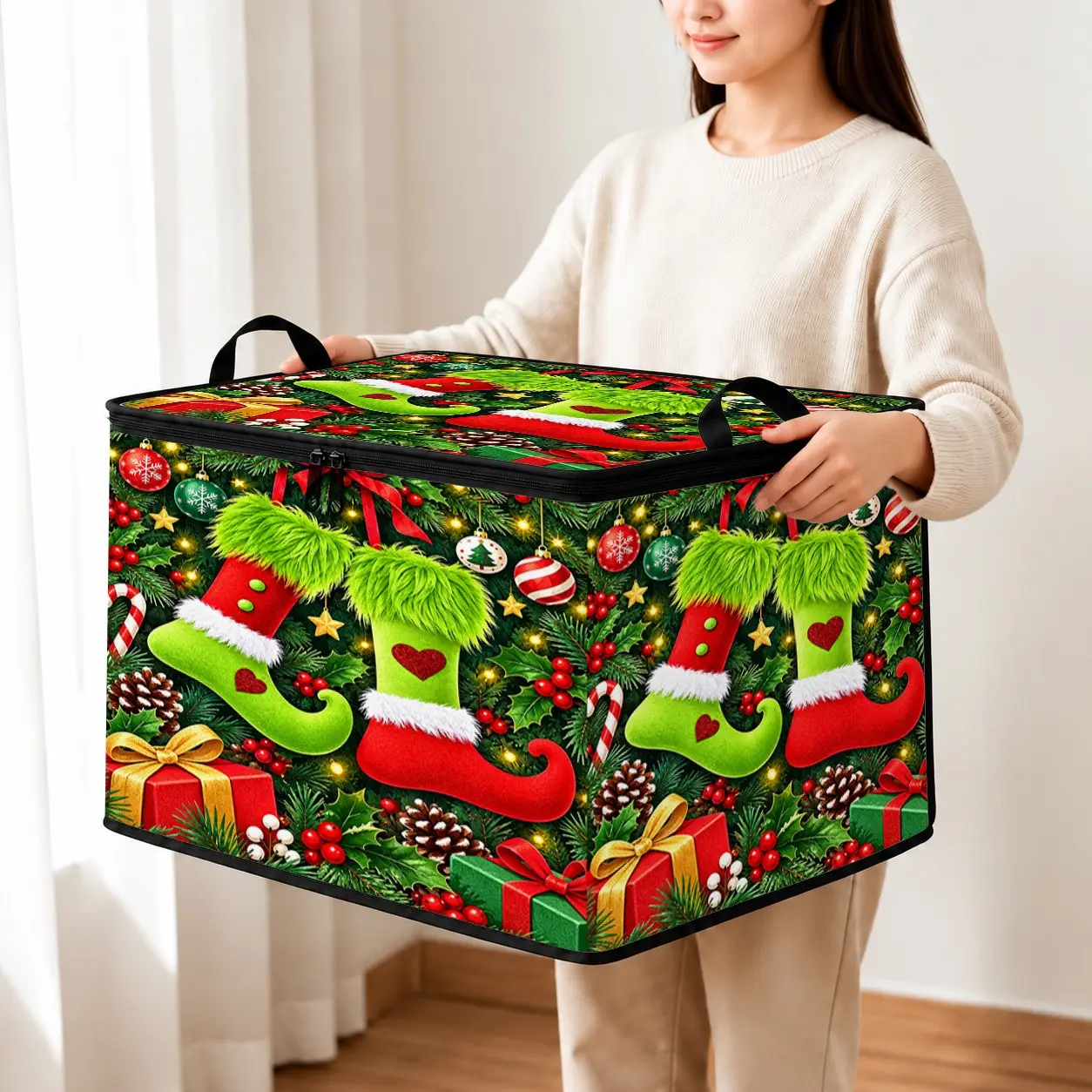 Christmas Elf Stocking Storage Box Organizer for Holiday Decor, Features Red Green Xmas Tree and Gift Boxes, Perfect Gift for Organizing