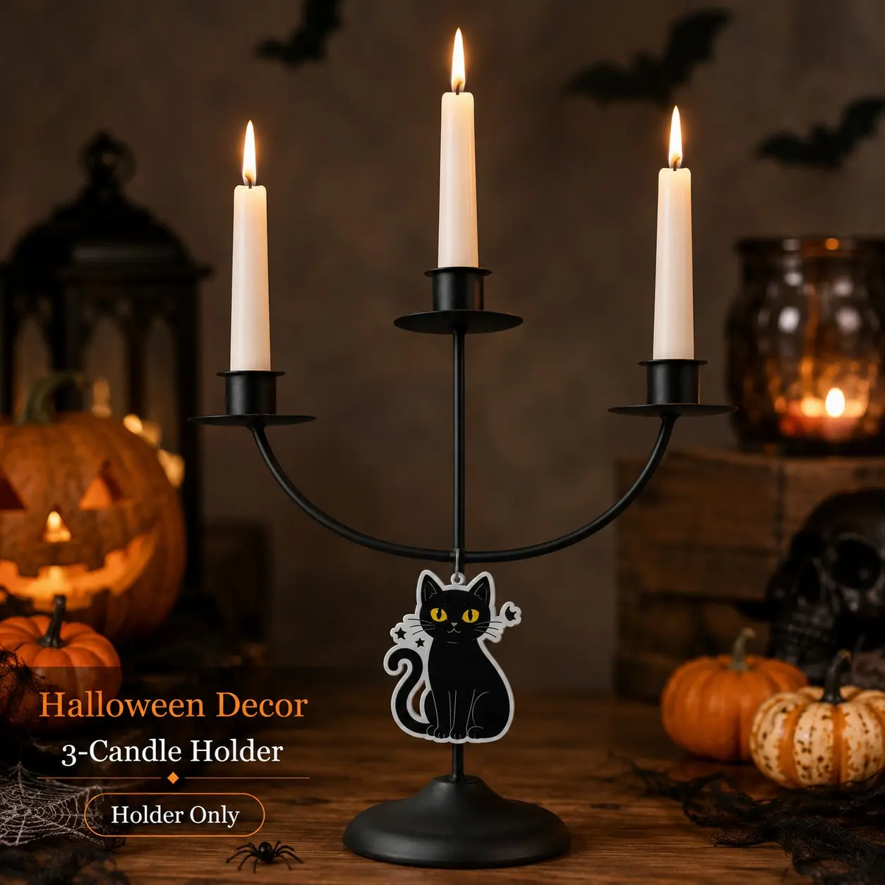 1 Pc Halloween Gothic Black Cat Iron Three Candle Holder for Home Dining Table Fireplace Mantel Entryway Party Decor Stable Wide Base Black Holiday Centerpiece Fits Standard Taper Candles Candles Not Included