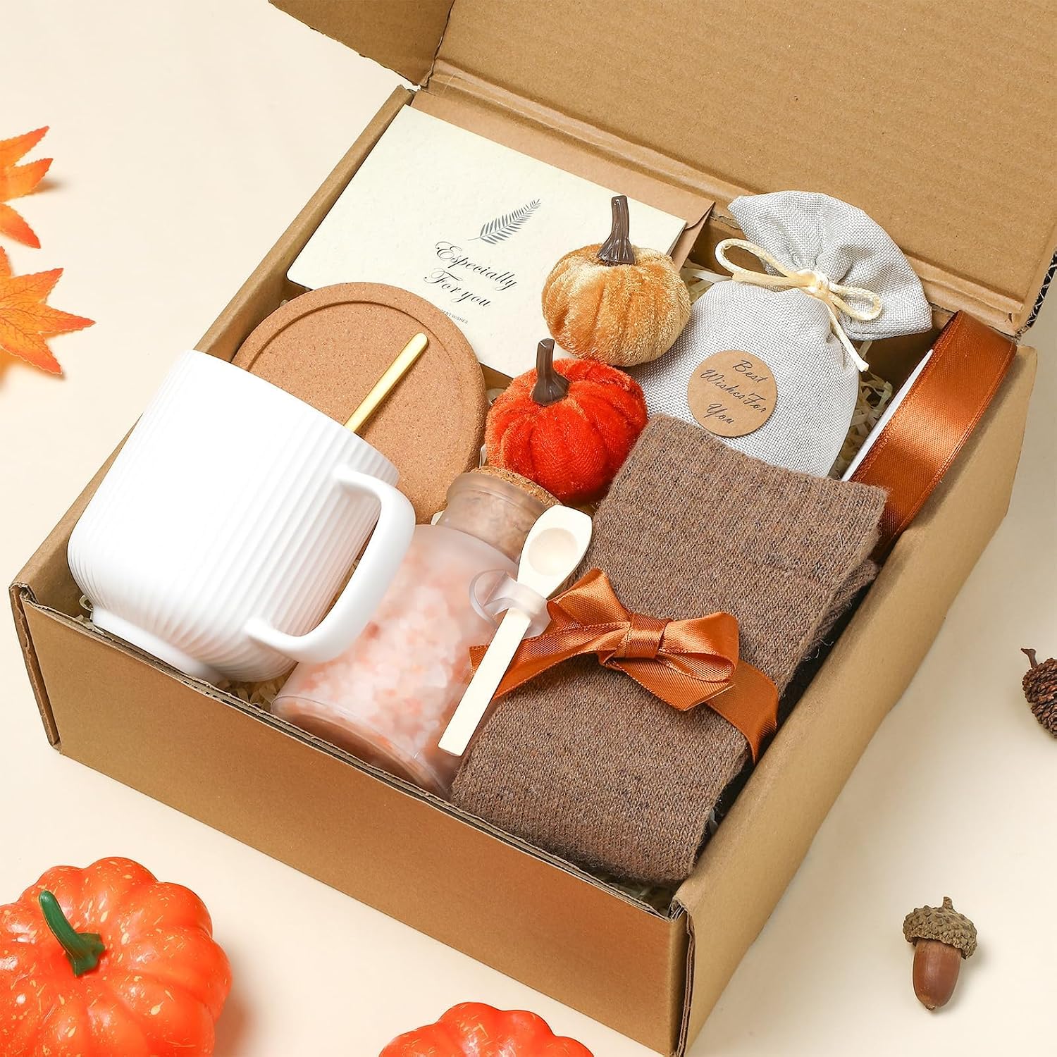 Fall  Box for Women, Autumn Gifts Baskets for Her, Thanksgiving , Self Care Box Set Include Coffee Mug Bath Salts Sachet Socks for  Family Grandma Teacher Autumn Birthday Holiday Gifts