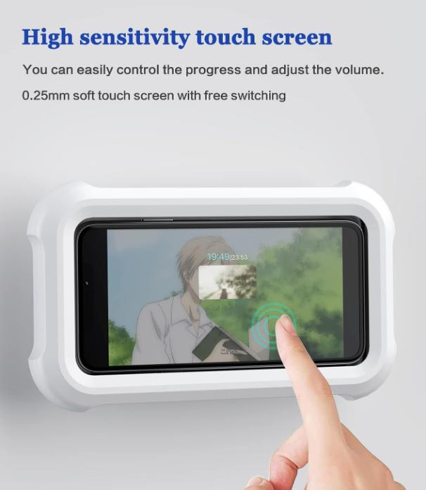 Waterproof Phone Mount for Showers and Bathrooms—360° smooth rotation, anti-fog protective case, responsive full HD touchscreen, comes with 4 tool-free adhesive wall mounts, compatible with 4–7-inch iPhones, Samsung, and other adjustable smartphones