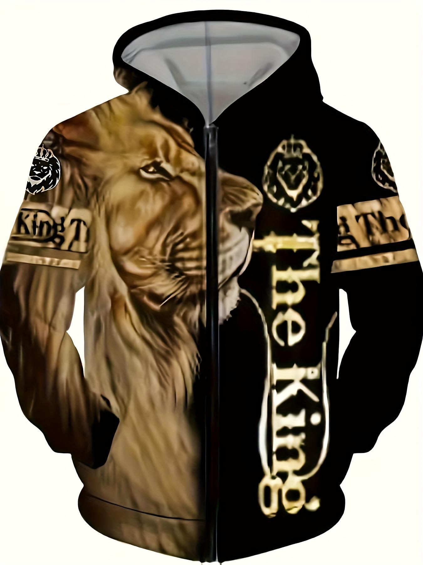 2-piece men's casual lion print hoodie and sweatpants set -3D digital animal pattern knitted sweatshirt hoodie+pants set