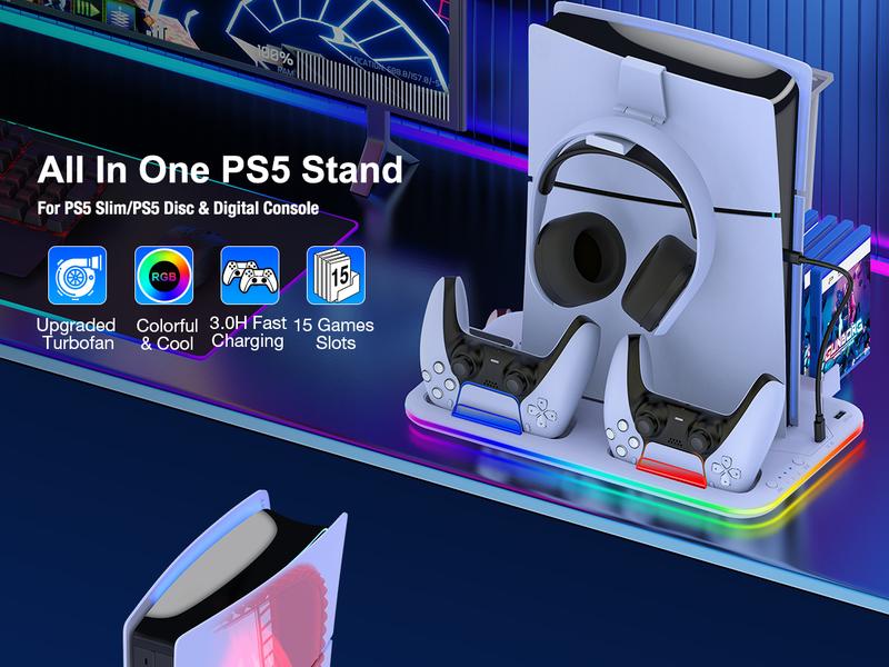 PS5 Stand and Cooling Station with Controller Charging Station for PS5 Slim, PS5 Accessories 3 Levels Cooling Fan, RGB Light, 15 Game Storage, Headset Holder for Playsation 5 Digital/Disc