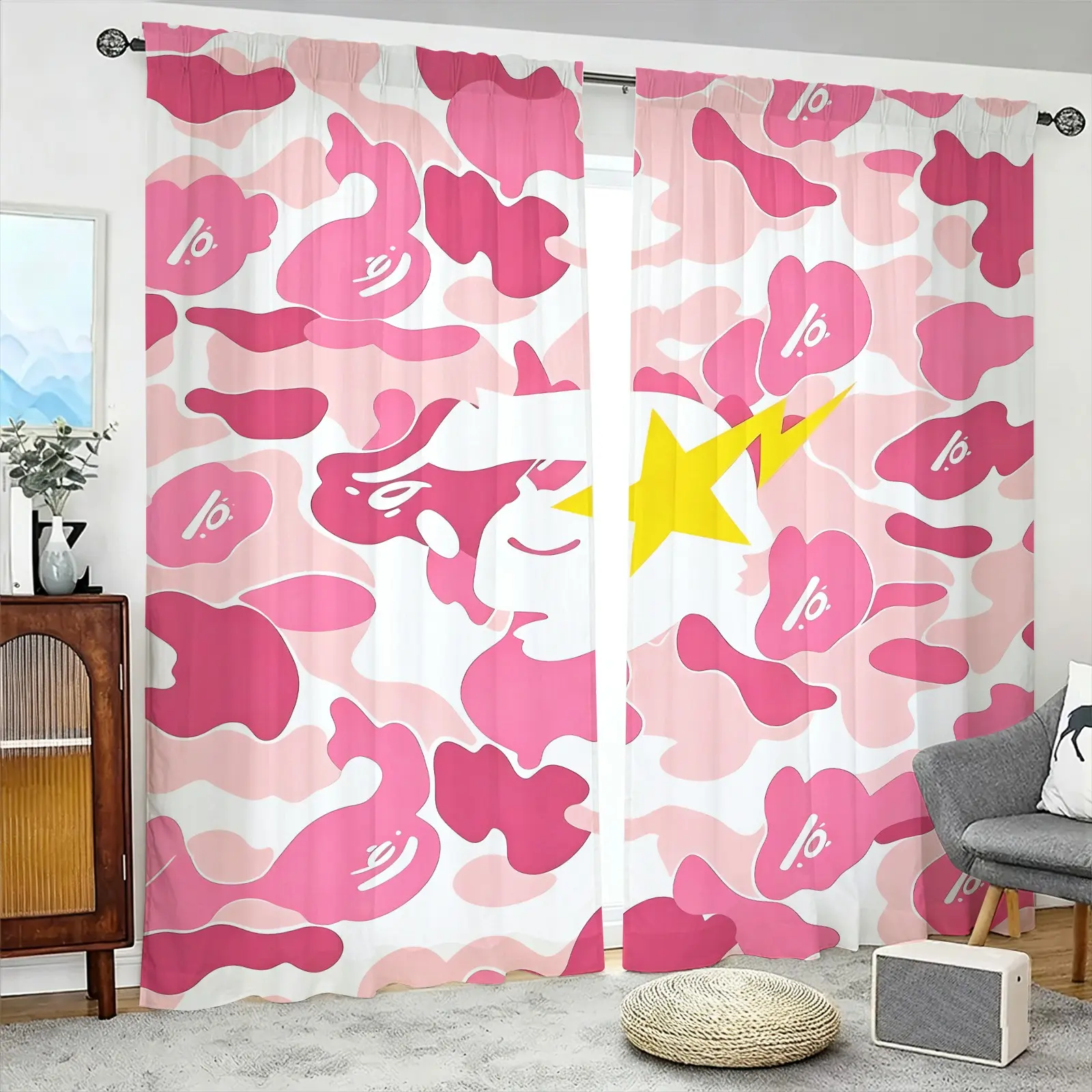 Pink Camouflage Cartoon Ape Yellow Star Lightning Decorative Curtains, 2 Panels Rod Pocket No Drilling Installation, Privacy Soundproofing Drapes, Ideal for Hypebeast Girls Bedroom Dorm Gaming Room Decor