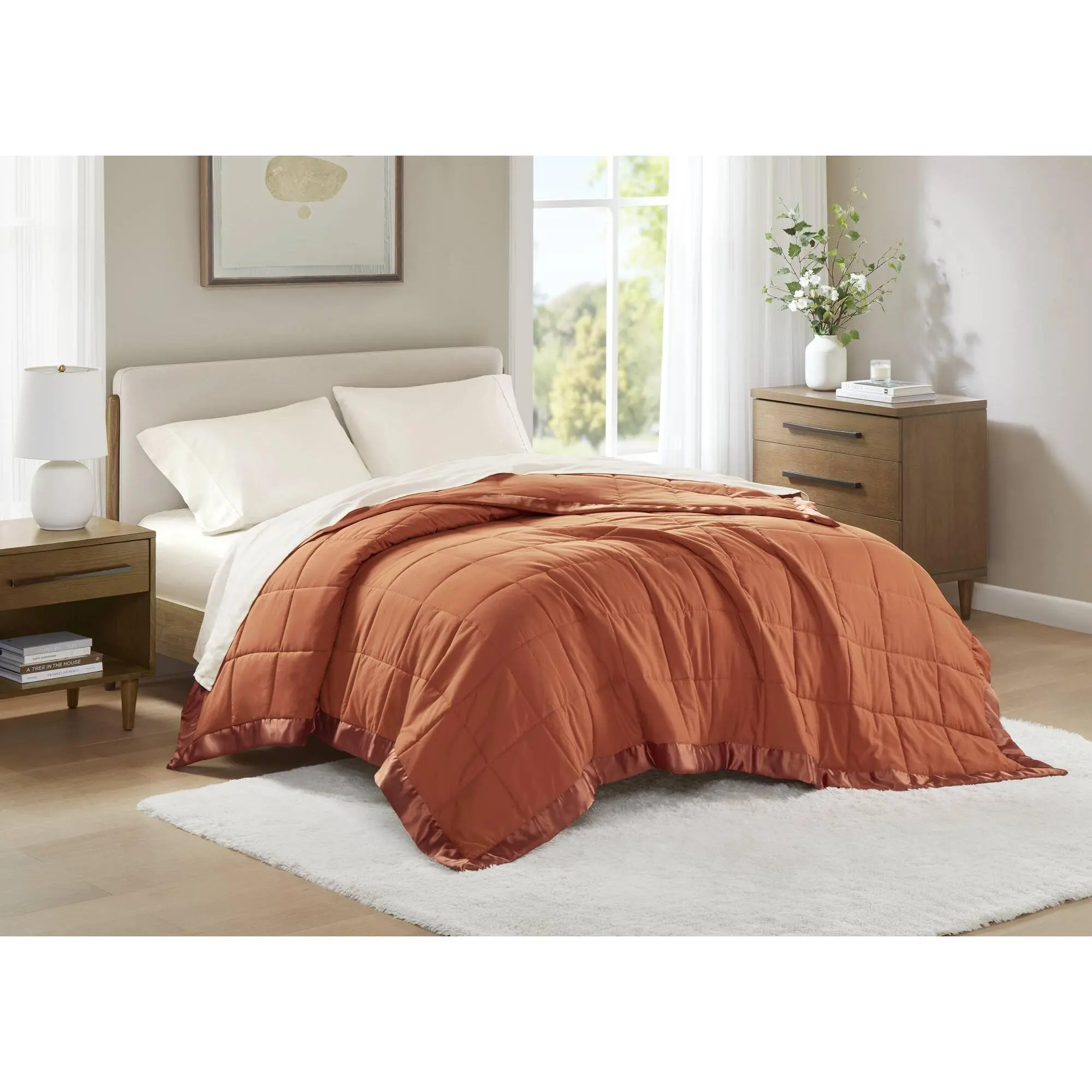 Nokaa Full/Queen Lightweight Down Alternative Blanket with Satin Trim, Soft Microfiber Bed Blanket for All Seasons, Hypoallergenic & Breathable, Orange, 1 Piece, Machine Washable, for Bedroom, Couch, Travel