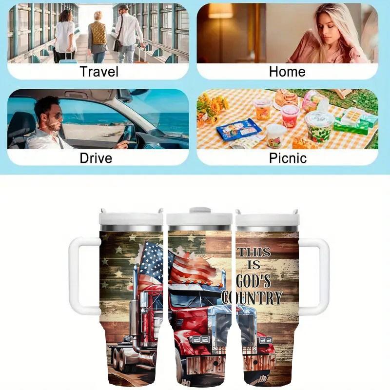 1pc 40oz American Truck Theme Insulated Cup with Handle, Stainless Steel Flag Cup, Straw Cup, Patriotic Gift for Truck Drivers