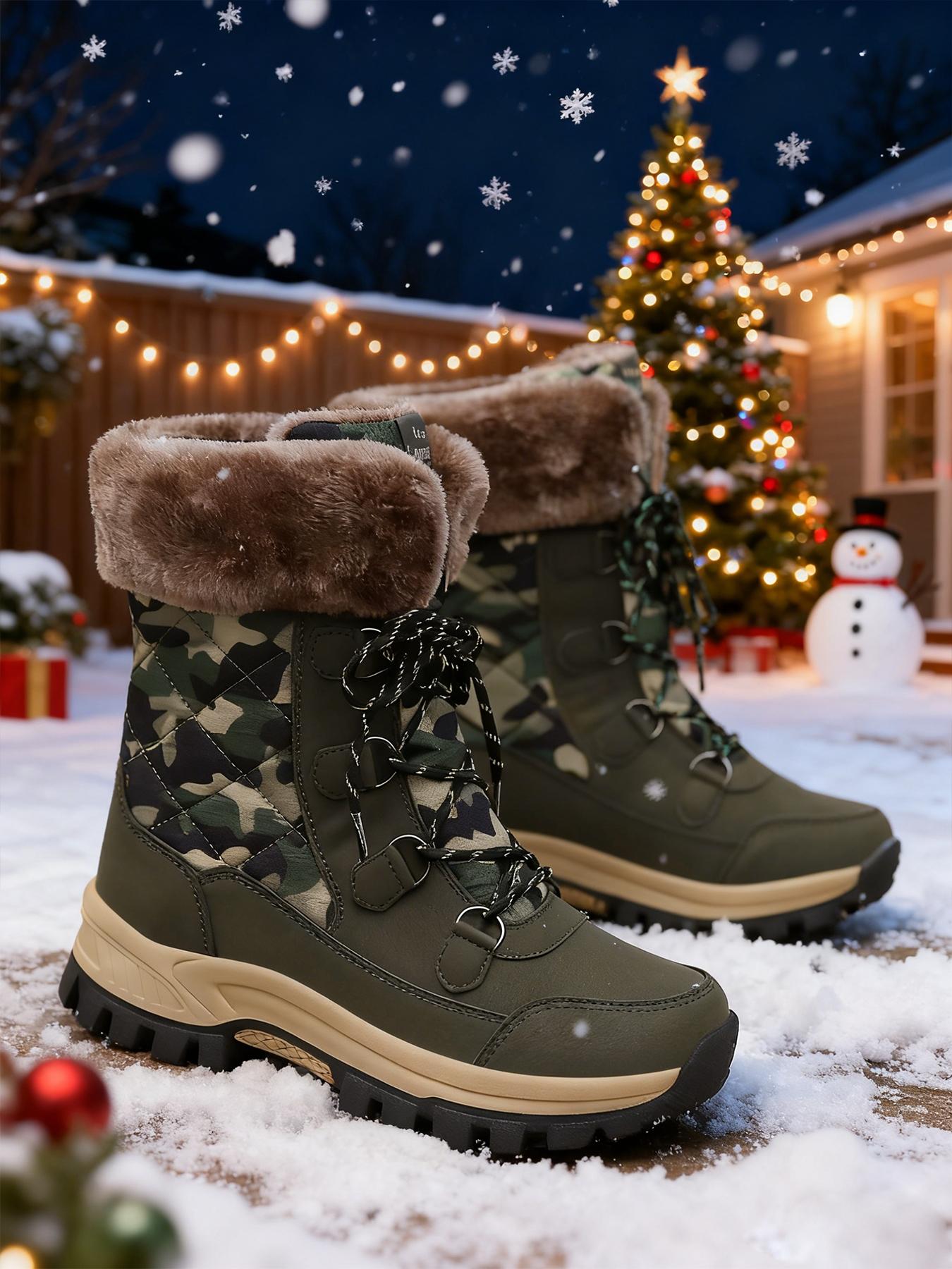 Women's High-Top Lace-Up Hiking Boots, Trekking Shoes, Durable Outdoor Snow Boots with Fleece Lining, Fashionable and Comfortable for Daily Wear and Outdoor Activities, Christmas Gift, Casual Hiking Shoes