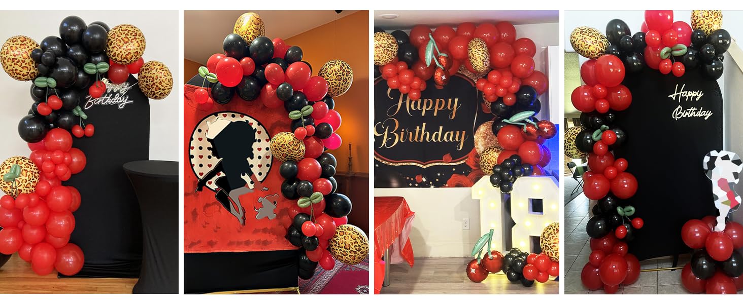 Red and Black Balloons Arch Kit, 163pcs Cheetah Print Birthday Decorations with Foil Cheetah Print Balloons for Leopard Birthday, Bachelorette, Cherry Theme Party Decorations