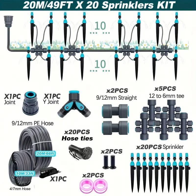 New 66ft-16ft Drip Irrigation Sprinkler Set, Garden Automatic Watering System, Pe Soft Tube Adjustable Mist Spray Nozzle Kit