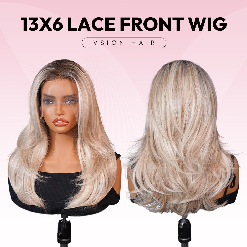 VSGIN 13*6 Blonde Highlight Synthetic Lace Wig Ombre Honey Brown and Blonde Color Synthetic Heat Resistant Fiber Realistic Appearance Bob Style and Long Wave Style