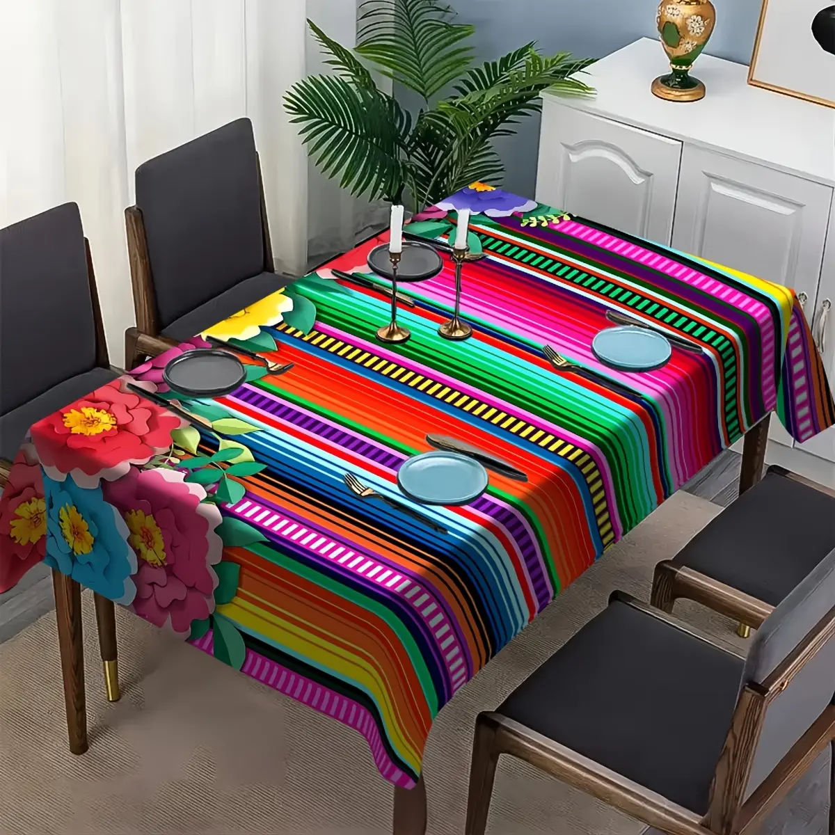 1 piece of Mexican carnival party tablecloth - brightly colored floral and striped design, made of high-quality and easy to clean polyester, perfect for the May 5th Festival