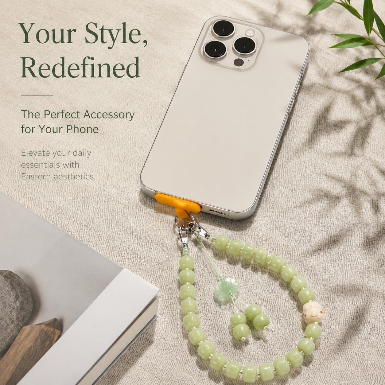 Anti-Lost Green Jade Beaded Phone Lanyard, Cute Lucky Cat & Lotus Charm Phone Strap, Aesthetic Phone Accessory