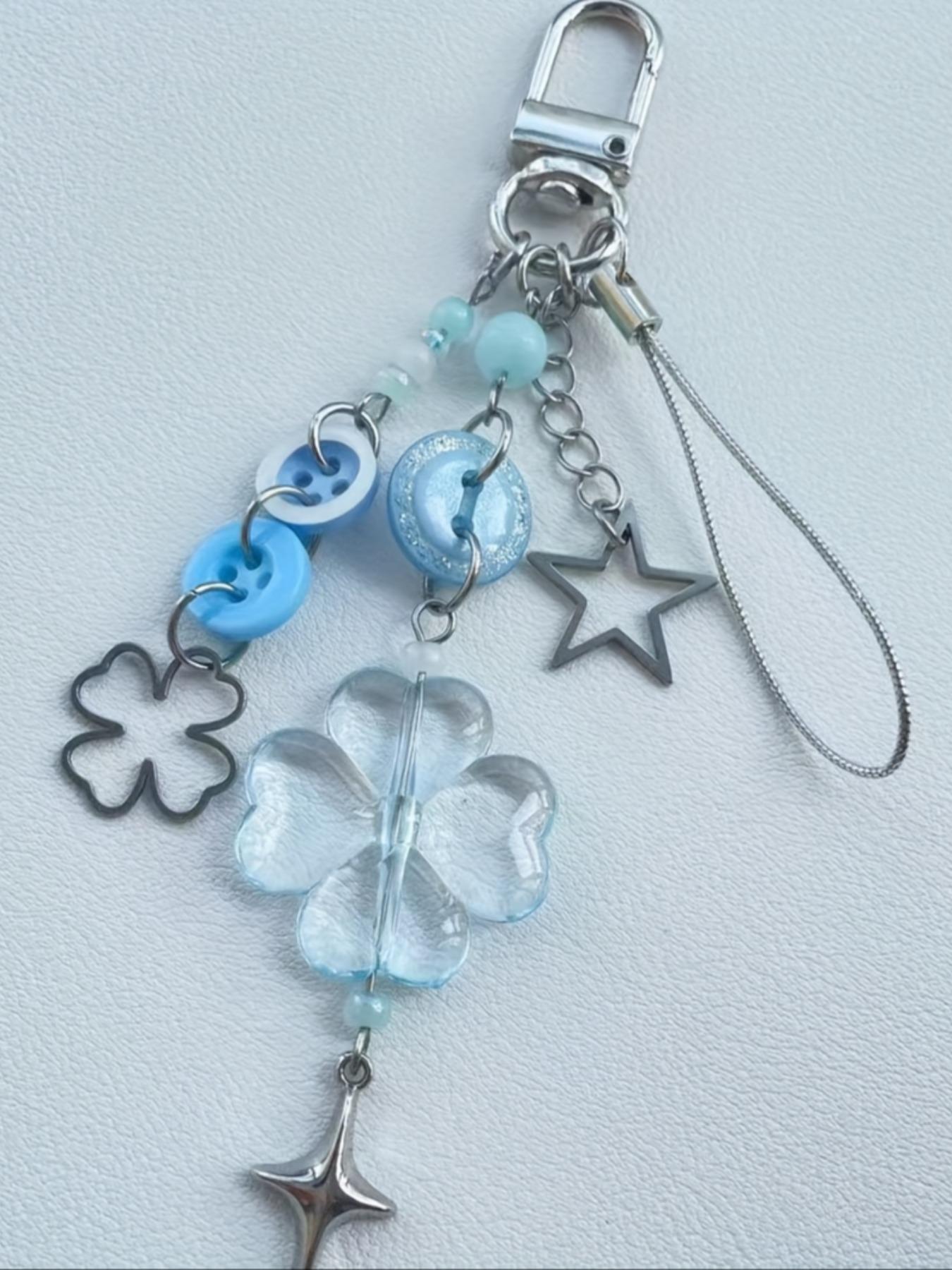 Lucky Clover Beaded Phone Strap, Handmade Transparent Flower Leaf Star Keychain, Soft Tone Design, Fashion Accessory, Fantasy Jewelry