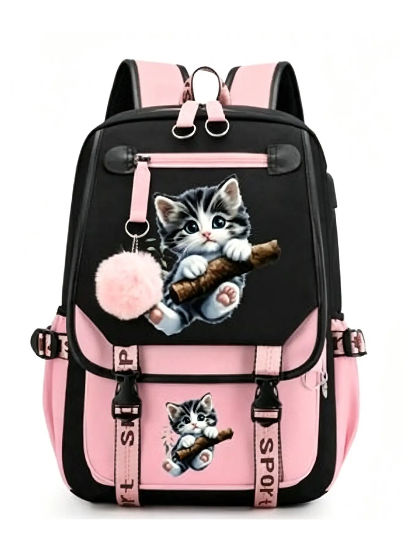 Back To School Cute Tabby Kitten Print Backpack For Teen Girls, School Backpacks, Purple Black Contrast Laptop Bookbag With USB Charging Port, Fluffy Pink Pom Pom Pendant, Large Capacity Waterproof Cat Student Rucksack For Middle High School Travel Daily